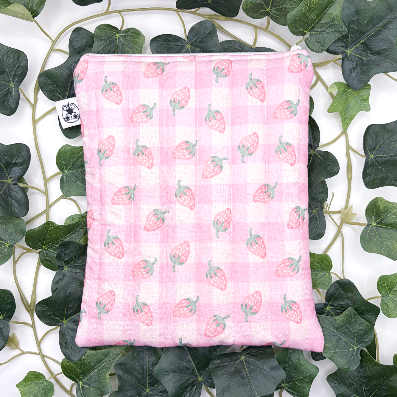 Small Strawberry Gingham Quilted Book Sleeve