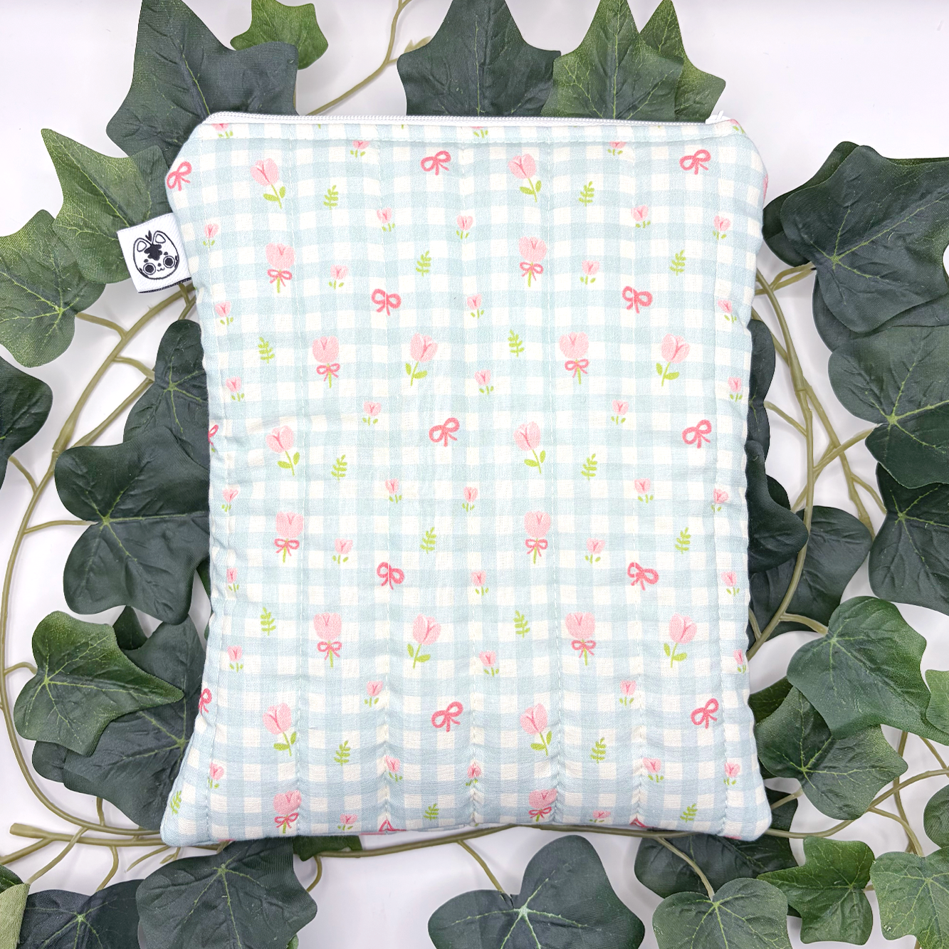 Small Teal Gingham Flowers Quilted Book Sleeve