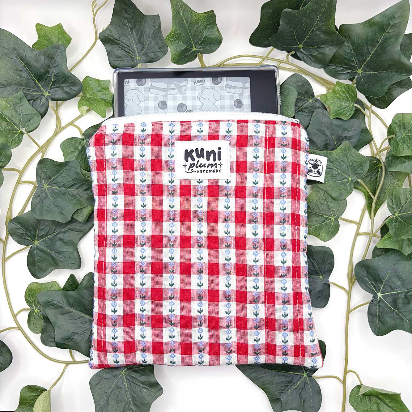 Red Gingham Flowers Quilted eReader Sleeve