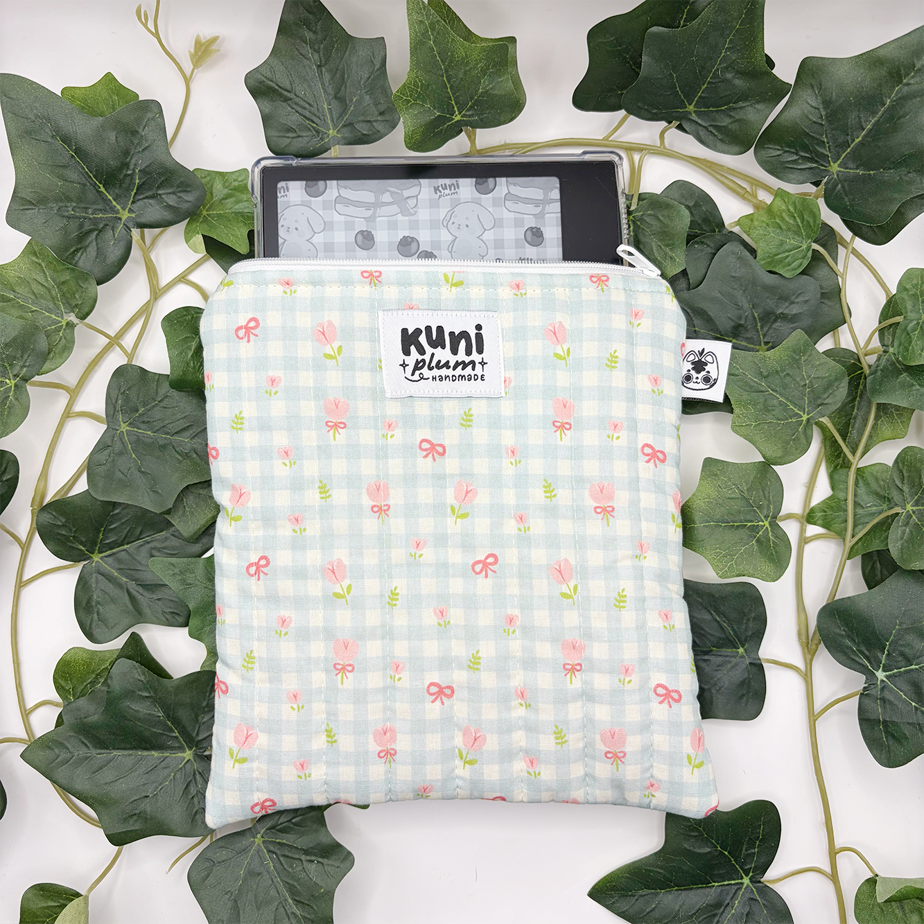 Teal Gingham Flowers Quilted eReader Sleeve