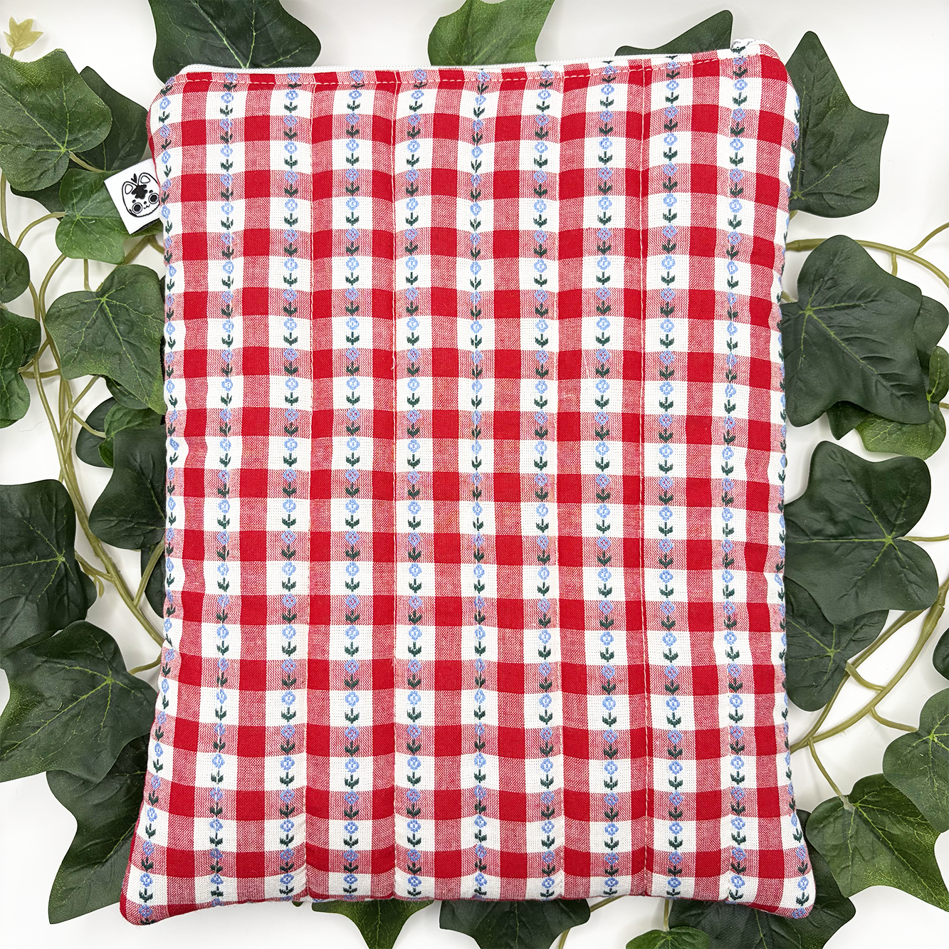 Large Red Gingham Flowers Quilted Book Sleeve