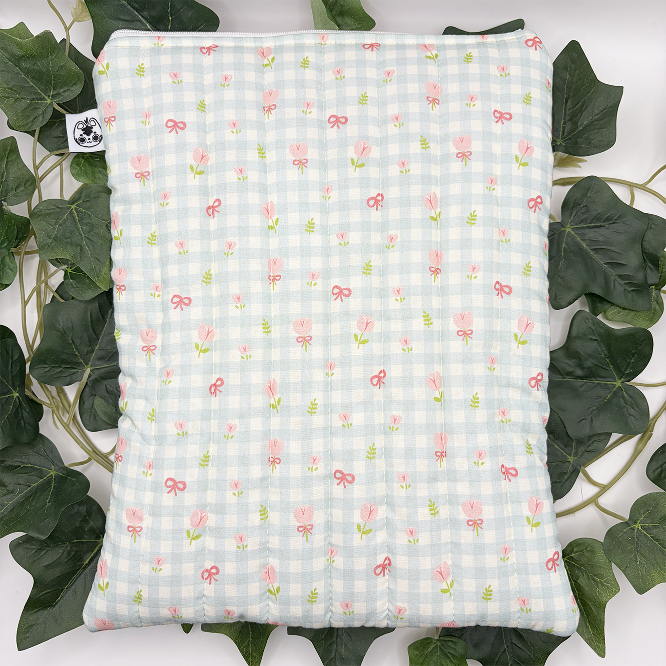 Large Teal Gingham Flowers Quilted Book Sleeve