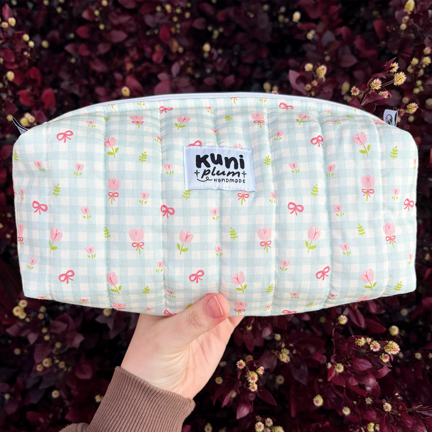 Teal Gingham Flowers Boxy Pouch