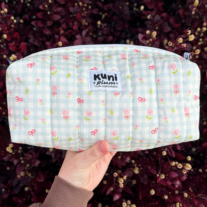 Teal Gingham Flowers Boxy Pouch