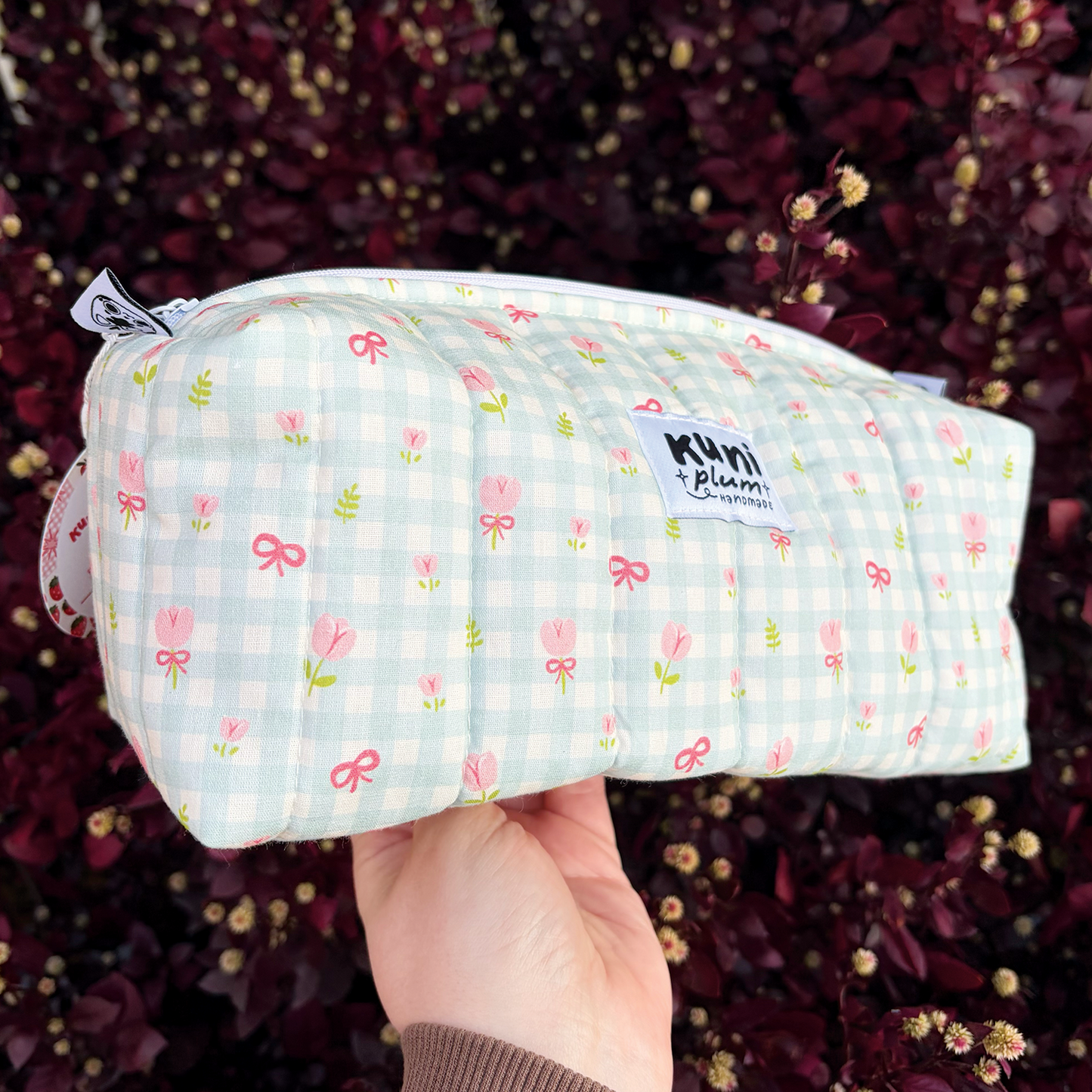 Teal Gingham Flowers Boxy Pouch