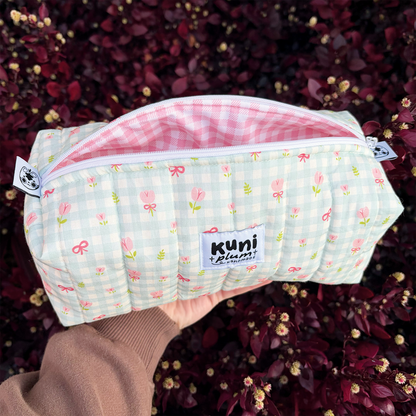 Teal Gingham Flowers Boxy Pouch