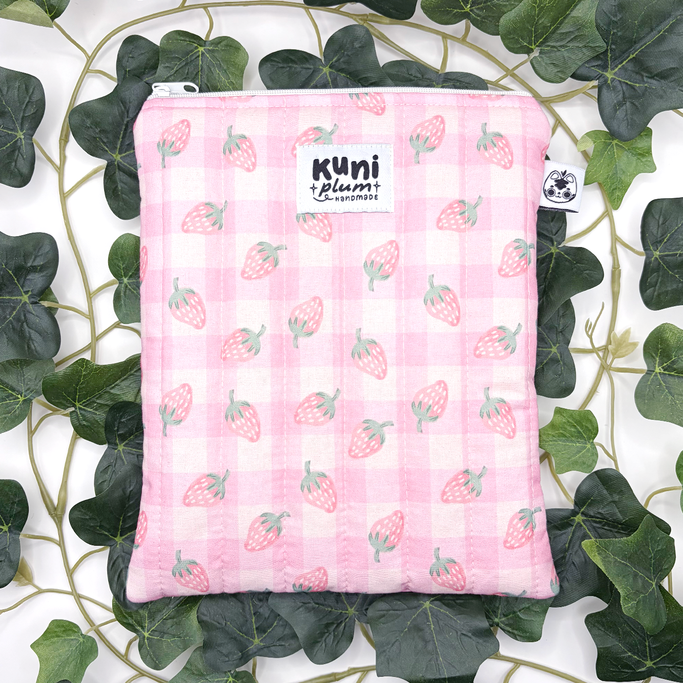 Small Strawberry Gingham Quilted Book Sleeve