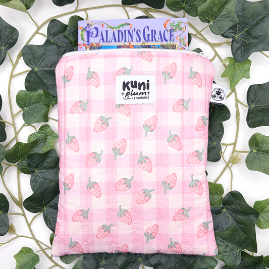Small Strawberry Gingham Quilted Book Sleeve