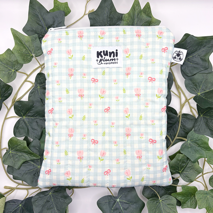 Small Teal Gingham Flowers Quilted Book Sleeve