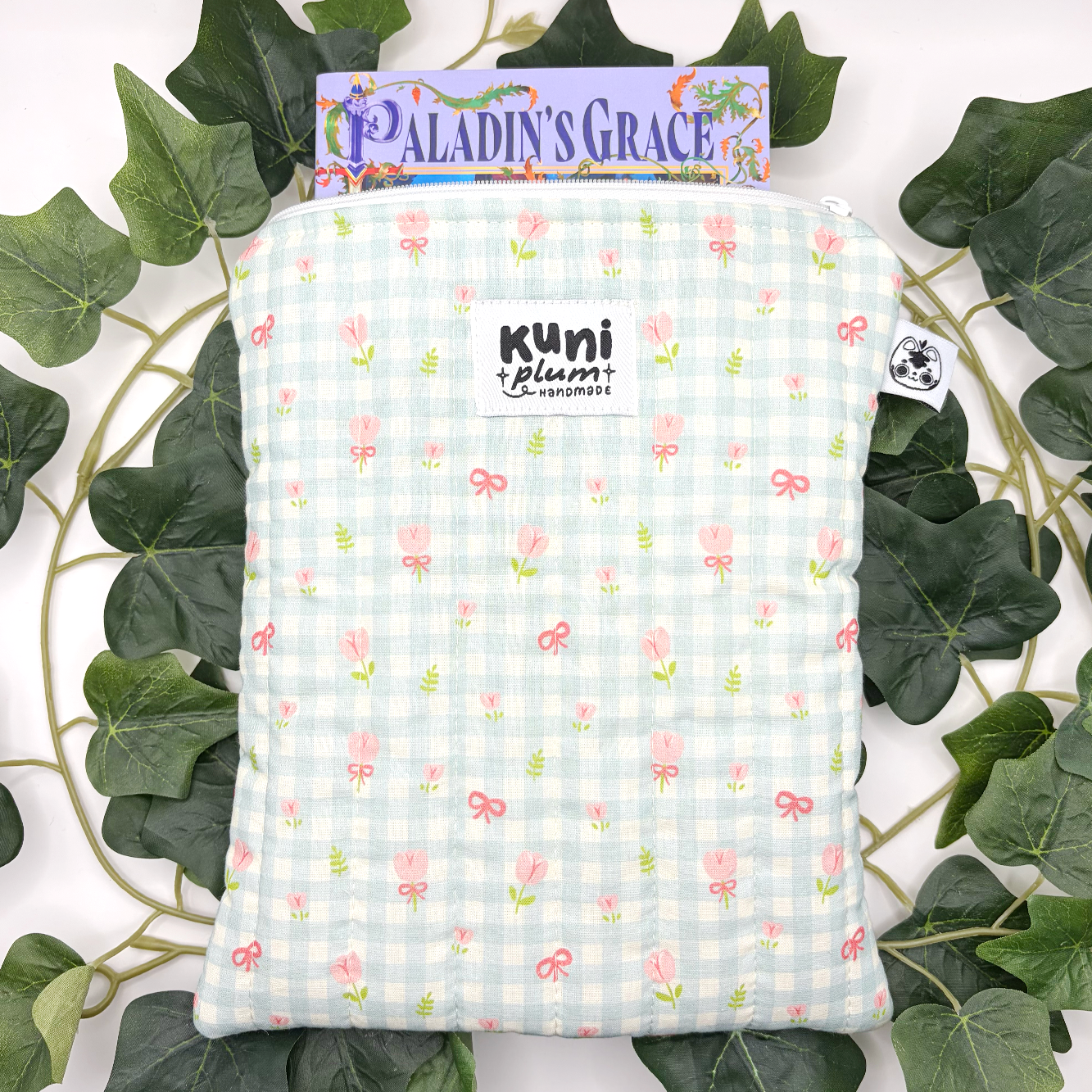 Small Teal Gingham Flowers Quilted Book Sleeve