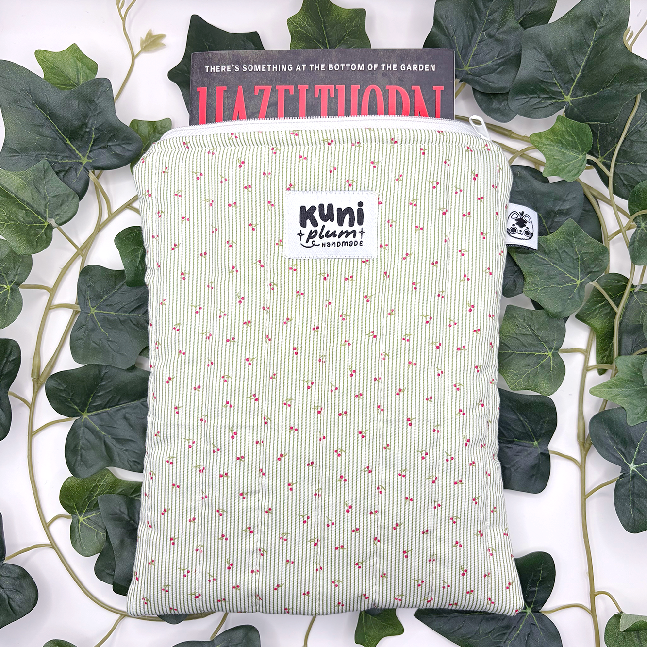Small Green Cherry Quilted Book Sleeve