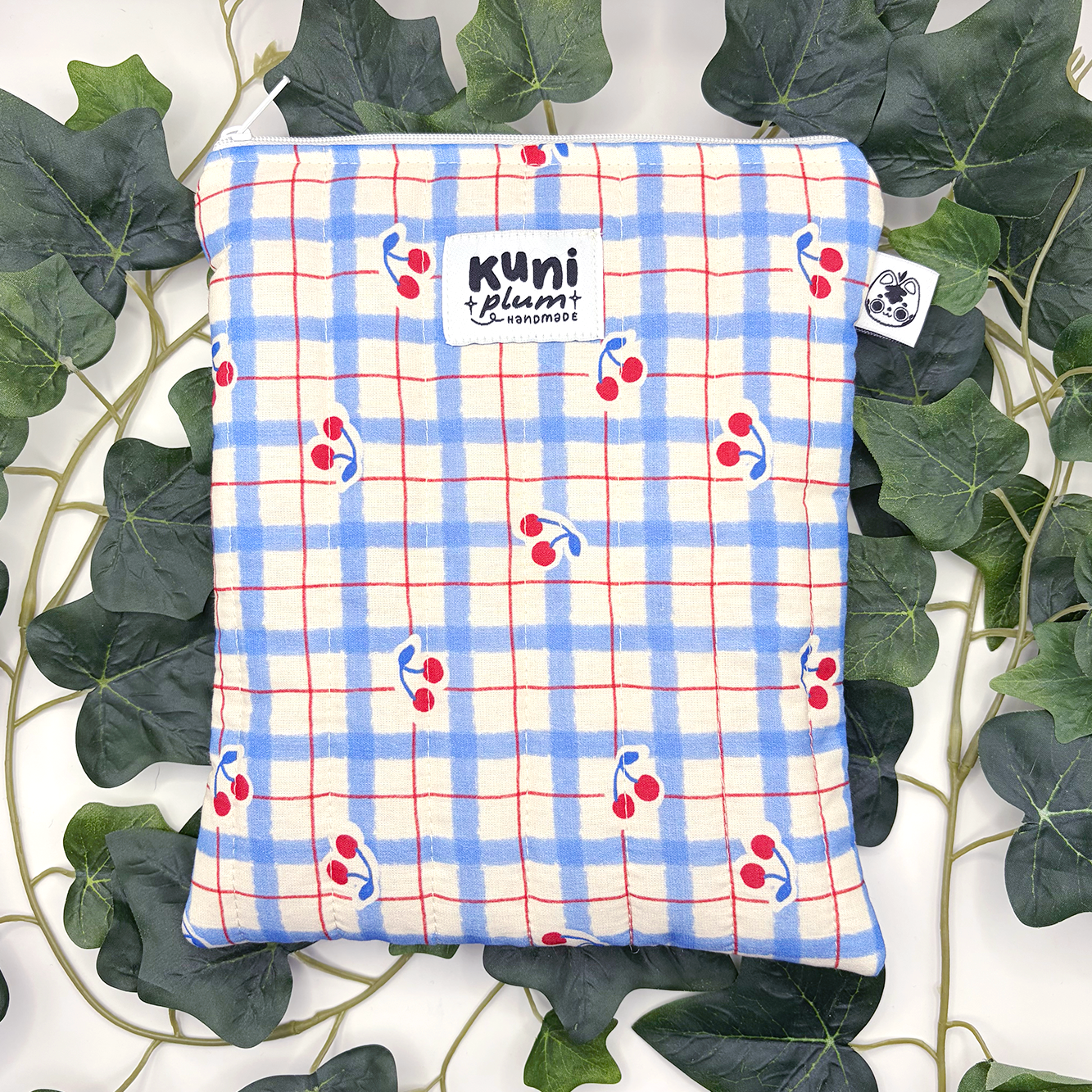 Small Blue Cherry Quilted Book Sleeve