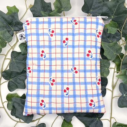 Small Blue Cherry Quilted Book Sleeve
