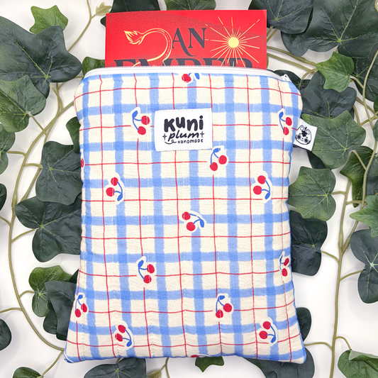 Small Blue Cherry Quilted Book Sleeve