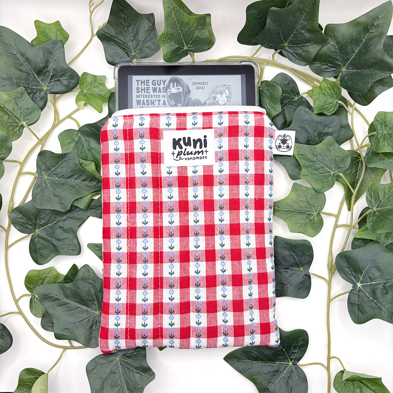 Red Gingham Flowers Quilted eReader Sleeve