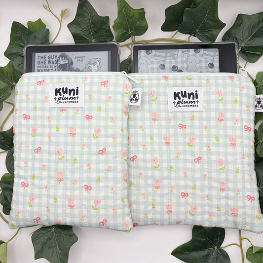 Teal Gingham Flowers Quilted eReader Sleeve