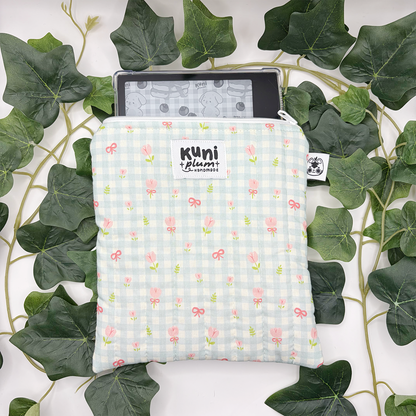 Teal Gingham Flowers Quilted eReader Sleeve