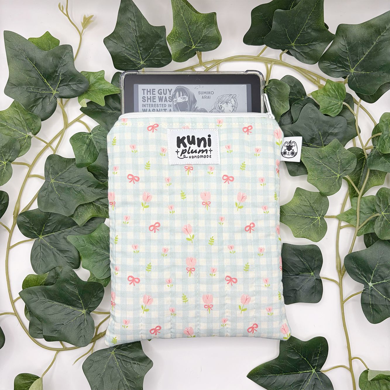 Teal Gingham Flowers Quilted eReader Sleeve