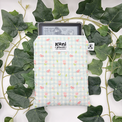 Teal Gingham Flowers Quilted eReader Sleeve