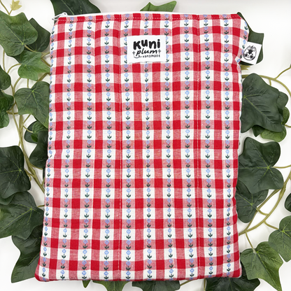 Large Red Gingham Flowers Quilted Book Sleeve