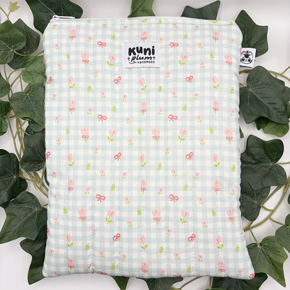 Large Teal Gingham Flowers Quilted Book Sleeve