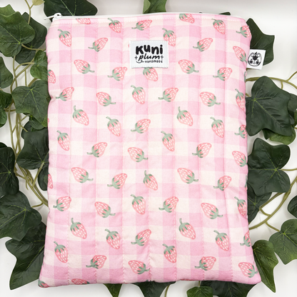 Large Strawberry Gingham Quilted Book Sleeve