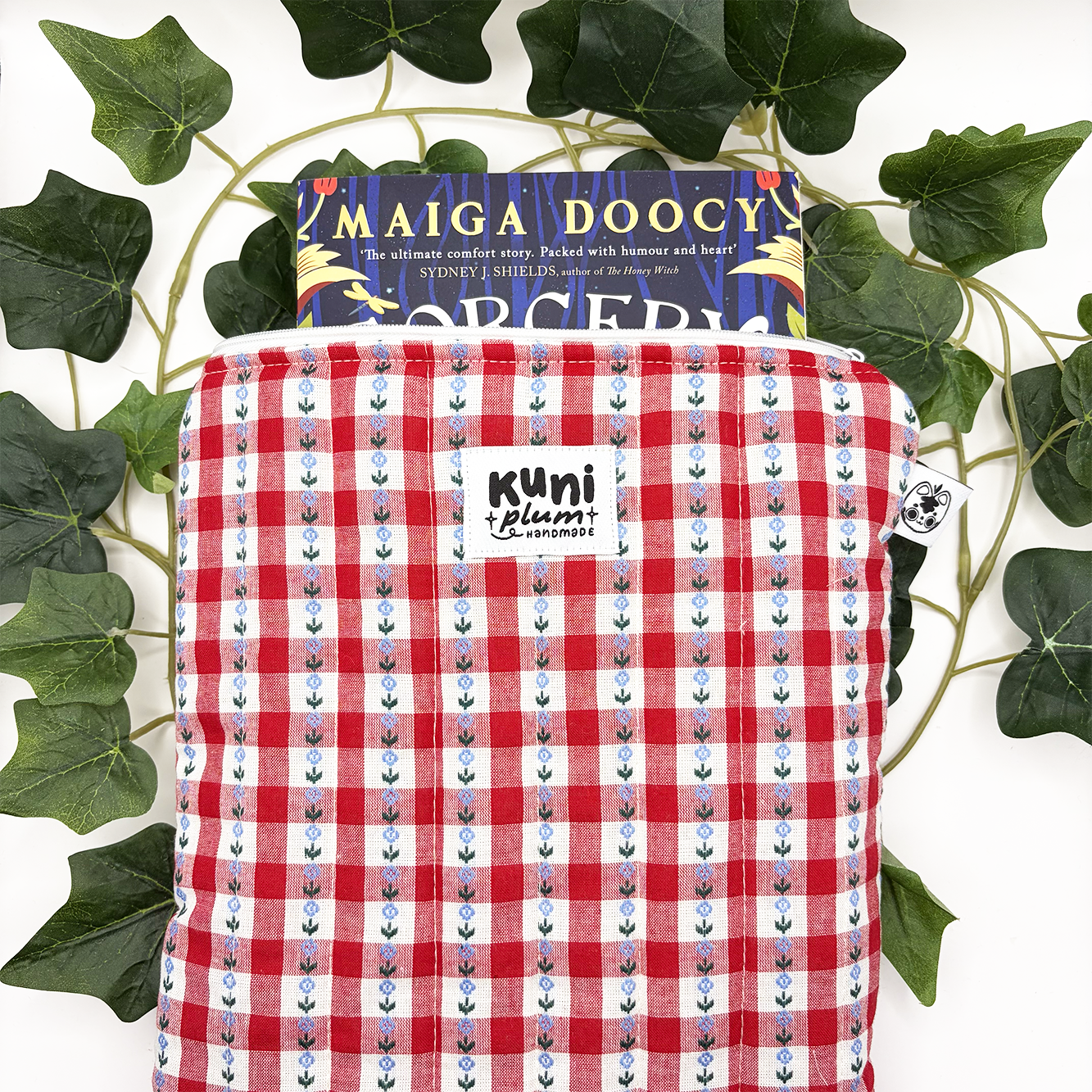 Large Red Gingham Flowers Quilted Book Sleeve