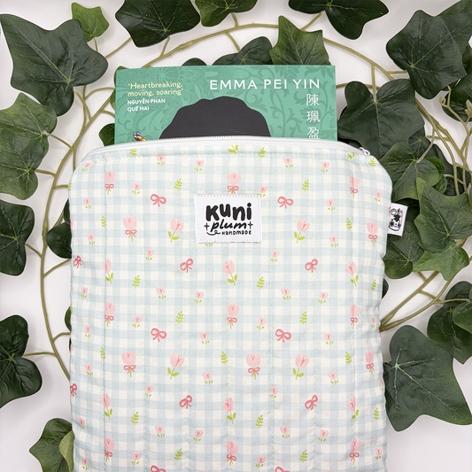 Large Teal Gingham Flowers Quilted Book Sleeve