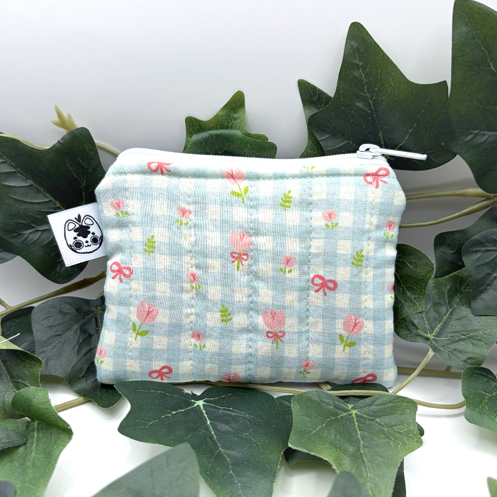 Teal Gingham Flowers Quilted Pouch Wallet