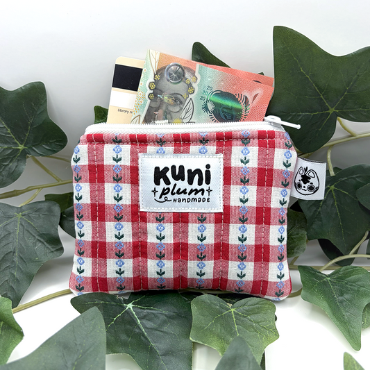 Red Gingham Flowers Quilted Pouch Wallet